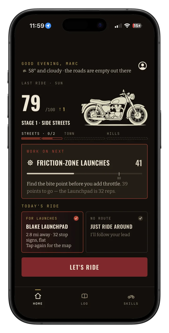 RevRev Home: last ride 79 out of 100, Stage 1 Side Streets, Work on next: Friction-Zone Launches, Today’s Ride suggests the Blake Launchpad
